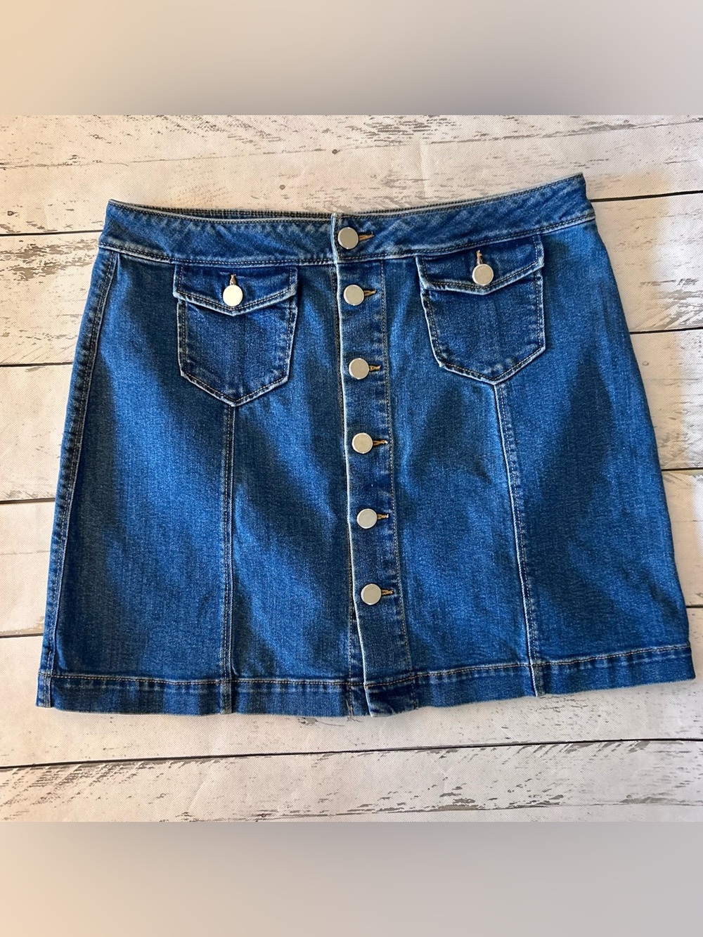 LOFT Blue Button-Front Denim Mini Skirt Sz 14 98% Cotton
